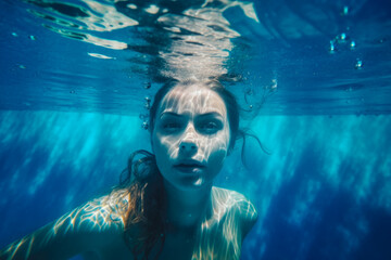 Obraz na płótnie Canvas Beautiful female swimmer swimming underwater, enjoying water and having fun. Generative AI
