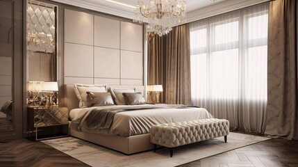 Luxury bedroom suite in classic style with gold pattern wall. Prestige, and elegant. Created with generative AI