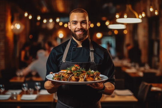 Waiter serving on duty in a restaurant and smiling while bring guests their meal, friendly worker. Generative AI