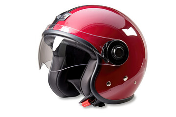 Red motorcycle helmet with clear visor isolated on white background