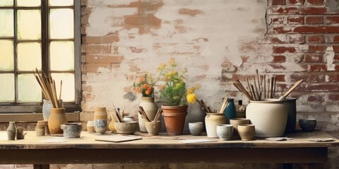 Cropped image of an artist's workspace with a copy area, camera, paintbrush, and ceramic vases on a white wooden table against an antique brick wall. Generative AI