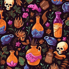 Seamless pattern with witch potions magic