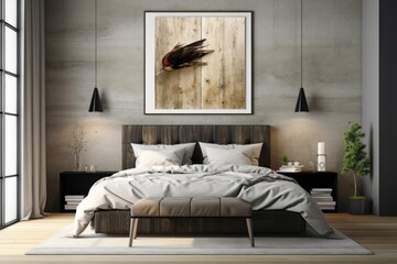 mock-up poster frame with a background of a rustic bedroom, Generative AI