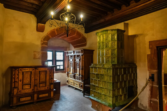 Interior of Haut-Koenigsbourg Castle - medieval castle built in XII century, located in Vosges mountains just west of Selestat. ORSCHWILLER, FRANCE. October 28, 2020.