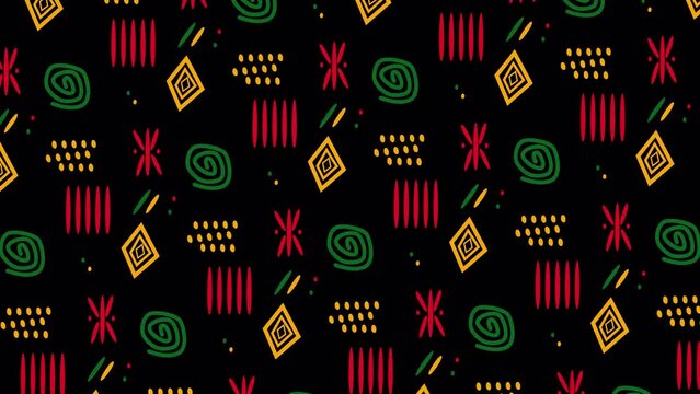 Animated Juneteenth loopable background  with an alpha channel with African ornaments in red, yellow and green. Perfect for videos about African culture, emancipation and the fight against racism.
