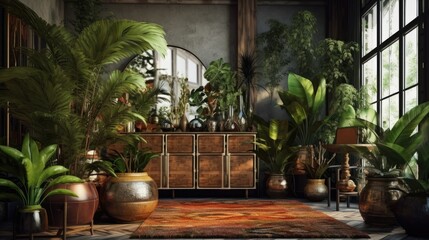 interior of a tropical room decorated with a cabinet and plants, Generative AI