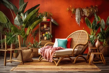 Fototapeta na wymiar Bohemian room with wooden furnishings and tropical tree. Generative AI