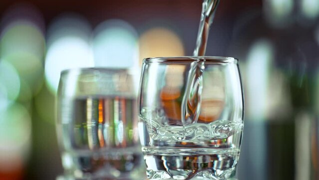 Super Slow Motion Shot of Pouring Transparent Alcohol Liquid into Shot Glass on Bar at 1000fps.