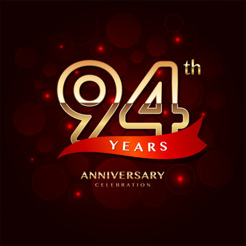 94th year anniversary celebration logo design with a golden number and red ribbon, vector template