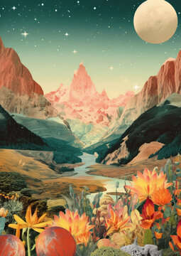 Minimalist collage of stars, planet, high rocks, river and plants, fragmented planes, collage-style paintings, bright colors. High quality illustration. Generative AI