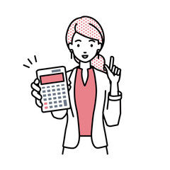 立って電卓を持ってこちらに向けて見せているジャケットの女性