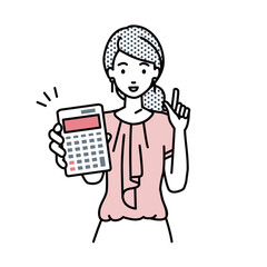 立って電卓を持ってこちらに向けて見せているオフィスカジュアルの女性