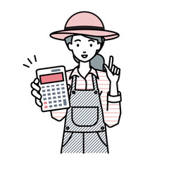 立って電卓を持ってこちらに向けて見せている農家の女性