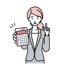 立って電卓を持ってこちらに向けて見せているスーツの女性