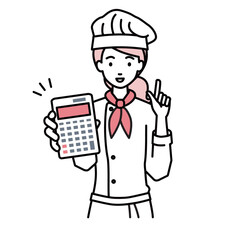 立って電卓を持ってこちらに向けて見せている調理師の女性