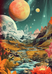 Minimalistic collage cut of three planets in the sky and snowy mountains with mountain river, fields and plants on the foreground. High quality illustration Generative AI