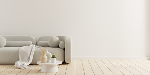 Fototapeta na wymiar Empty living room with gray sofa and table on empty white wall background.3d rendering