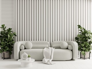 Modern minimalist interior with gray sofa on empty white color wall background.3d rendering