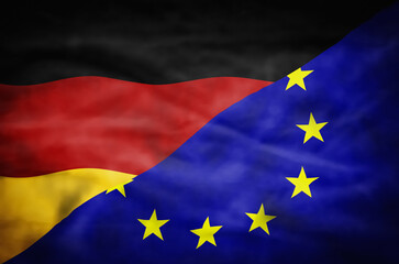 Germany and European Union mixed flag. Wavy flag of Germany and European Union fills the frame.