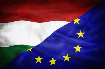 Hungary and European Union mixed flag. Wavy flag of Hungary and European Union fills the frame. - 610803506