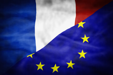 France and European Union mixed flag. Wavy flag of France and European Union fills the frame.