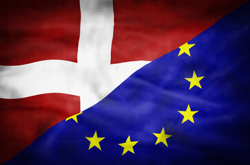 Denmark and European Union mixed flag. Wavy flag of Denmark and European Union fills the frame.