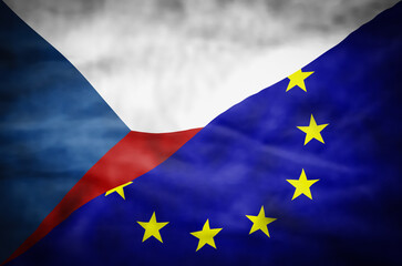 Czech Republic and European Union mixed flag. Wavy flag of Czech Republic and European Union fills the frame. - 610803519