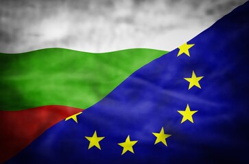Bulgaria and European Union mixed flag. Wavy flag of Bulgaria and European Union fills the frame.