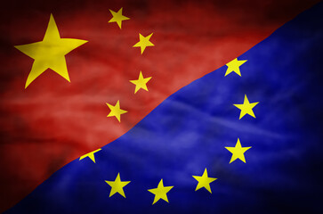 China and European Union mixed flag. Wavy flag of China and European Union fills the frame. - 610803534
