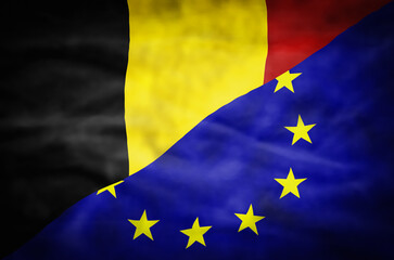 Belgium and European Union mixed flag. Wavy flag of Belgium and European Union fills the frame.