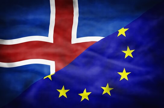 Iceland and European Union mixed flag. Wavy flag of Iceland and European Union fills the frame.
