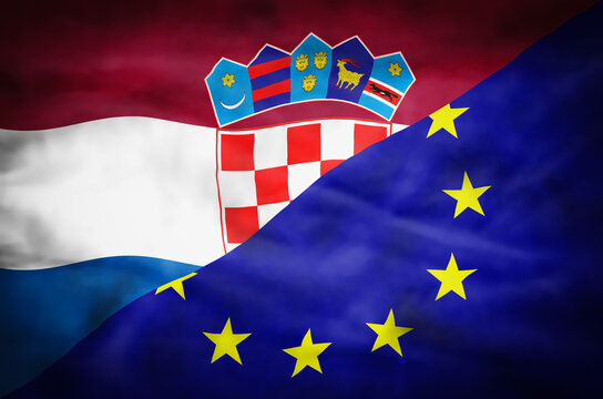 Croatia and European Union mixed flag. Wavy flag of Croatia and European Union fills the frame.