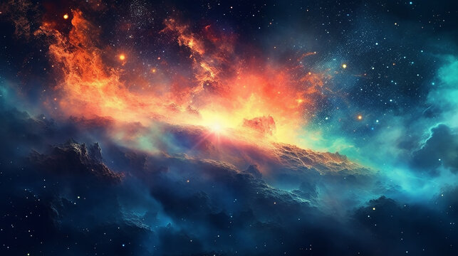 a colorful and beautiful image of a space background, realistic landscapes with soft edges, light indigo and red, dark cyan and light amber, majestic, 8k, 4k, nebula, colorful space, wallpaper