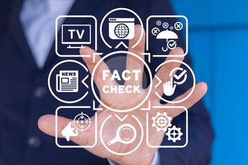 Man using virtual touch screen sees inscription: FACT CHECK. Concept of thorough fact-checking or easy compare evidence. Fact check, journalist investigation, investigative blogging.