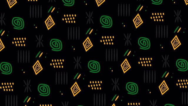 Animated Juneteenth loopable background  with an alpha channel with African ornaments in yellow, green and black. Perfect for videos about African culture, emancipation and the fight against racism.