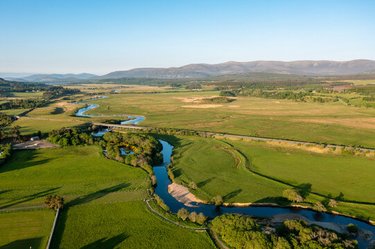 Aerial View of the Scottish Countryside and the River Spey Near Kingussie