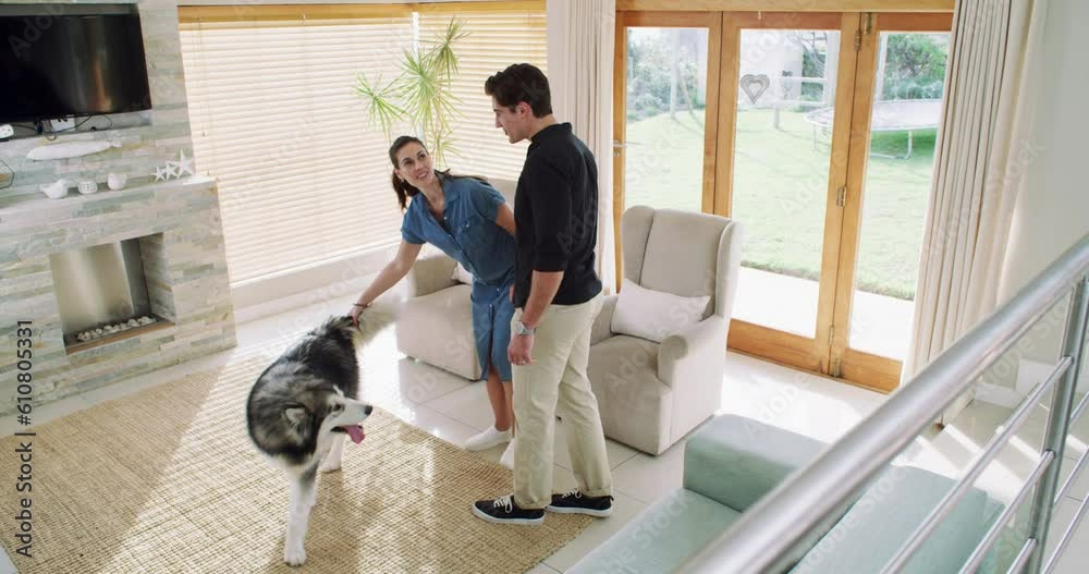 Sticker Happy man, woman and dog in new house, hug with excitement and mortgage on property investment. Moving, love and couple with pet, happiness and investing in real estate, marriage and future together.