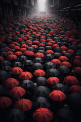 Dense red and black umbrellas on the streets.