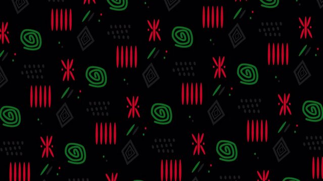 Animated Juneteenth loopable background  with an alpha channel with African ornaments in red, green and black. Perfect for videos about African culture, emancipation and the fight against racism.