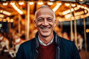 Close-up portrait photography of a grinning man in his 50s that is wearing a chic cardigan against an old-fashioned carousel in motion at a city square background .  Generative AI