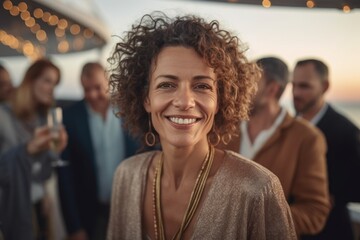 Obraz premium Portrait of beautiful young woman with curly hair smiling and looking at camera with friends on background