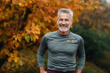 Medium shot portrait photography of a grinning man in his 50s that is wearing a pair of leggings or tights against an autumn foliage background .  Generative AI