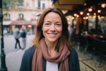 Close-up portrait photography of a grinning woman in her 40s that is wearing a chic cardigan against a parisian or european cafe background .  Generative AI - obrazy, fototapety, plakaty