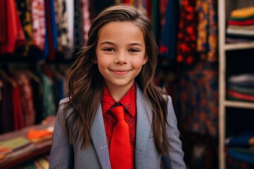 portrait of a beautiful little girl with a red tie in a shop