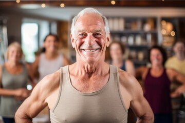 Fototapeta na wymiar Portrait of senior man smiling at camera with friends in background at fitness studio