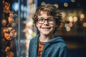 Close-up portrait photography of a pleased child male that is wearing a chic cardigan against an interactive science museum with hands-on exhibits background .  Generative AI