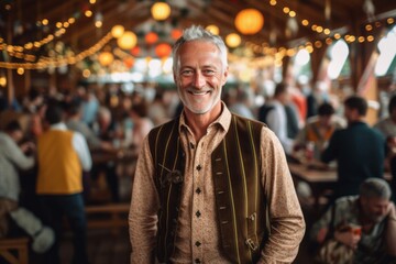 Happy man smiles at camera in beer party