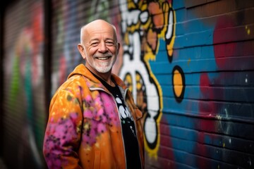 Portrait of a senior man in front of a graffiti wall.