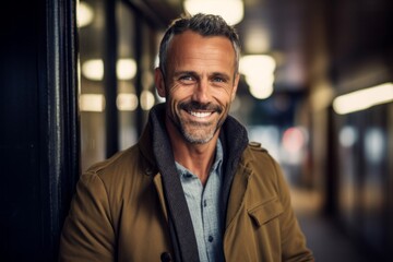 Obraz premium Close-up portrait photography of a pleased man in his 40s that is wearing a chic cardigan against a tunnel or underground passage background . Generative AI