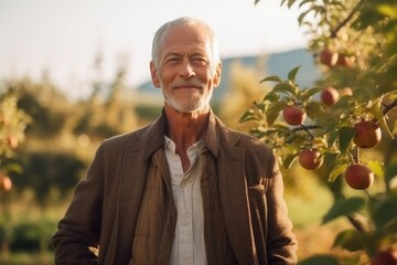 Portrait of senior man standing in apple orchard and looking at camera